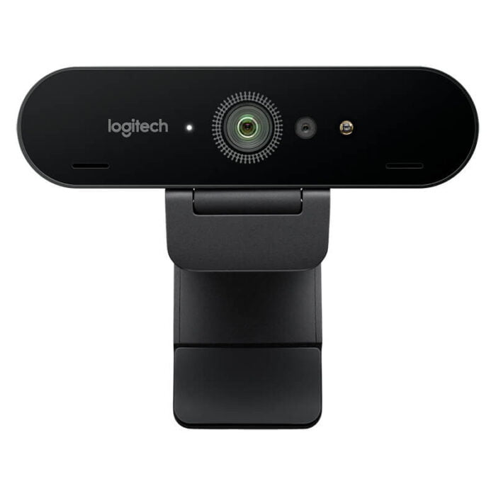 Logitech BRIO 4K Ultra HD Webcam with adjustable clip and built-in lens. angle view