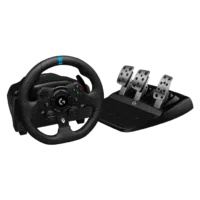 Logitech G923 racing steering wheel with pedals, featuring textured grip and control buttons.