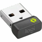 Logitech USB receiver for MX Keys Combo, featuring a sleek design and logo detail.