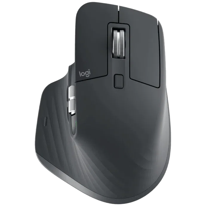mx-master-3s-mouse-top-view-graphite1 Logitech MX Master 3S wireless mouse in graphite, featuring side buttons and scroll wheel.
