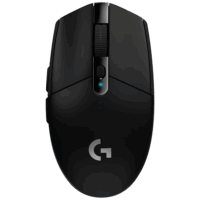 Logitech G305 LIGHTSPEED wireless gaming mouse in black, showing top view with scroll wheel and side buttons.