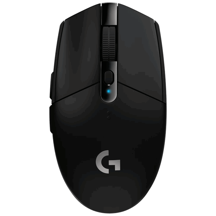 Logitech G305 LIGHTSPEED wireless gaming mouse in black, showing top view with scroll wheel and side buttons.