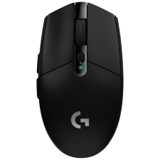 Logitech G305 LIGHTSPEED wireless gaming mouse in black, showing top view with scroll wheel and side buttons.