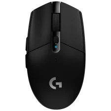 Logitech G305 LIGHTSPEED wireless gaming mouse in black, showing top view with scroll wheel and side buttons.
